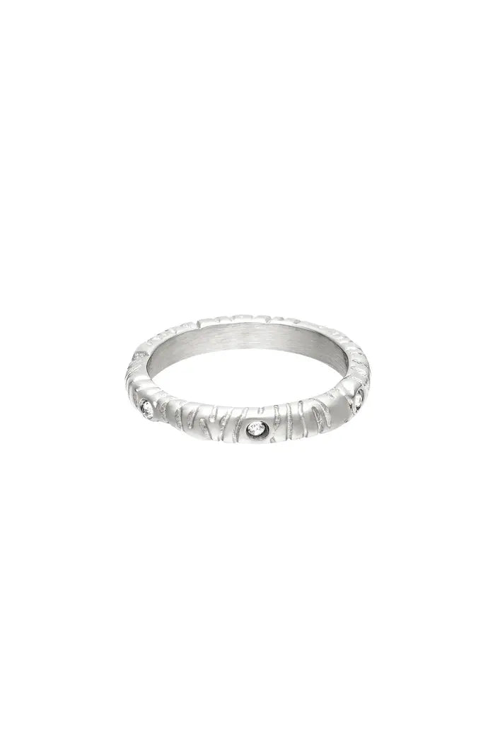 Ring met zirkoonsteentjes en zebrastrepen Zilver Stainless Steel